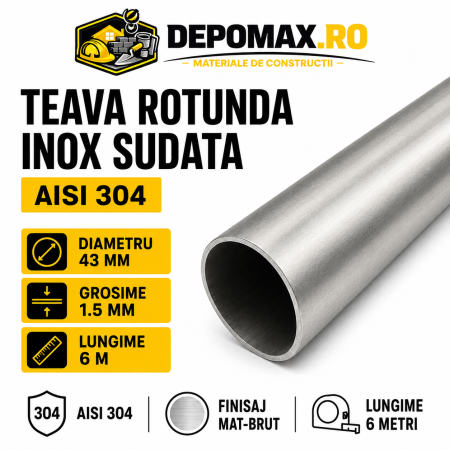 Teava rotunda inox sudata AISI 304, 43 x 1.5 mm, 6 metri